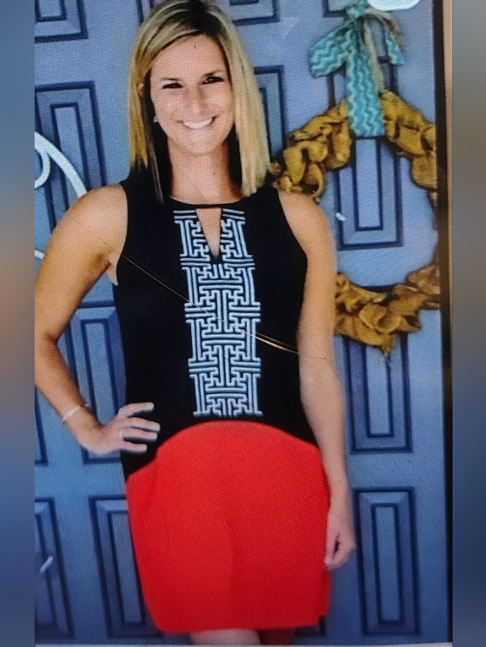 THML Anthropologie Sleeveless Shift: Navy & Deep Orange w/ V-Neck Grecian-Key S
